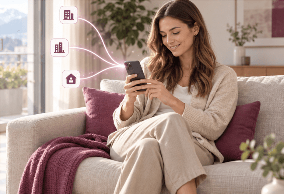 Mieterin nutzt Homelymatch auf dem Smartphone in ihrer Wohnung
